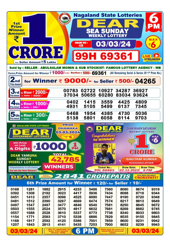 Lottery Sambad 3 Tarike 6 PM Result